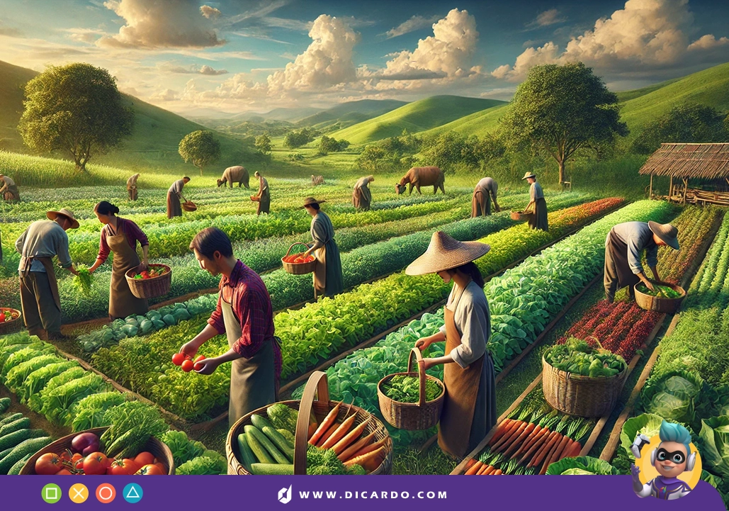 کشاورزانی که مشغول چیدن محصولات مزارع خود هستند و طبیعت زیبایی در اطرافشان وجود دارد