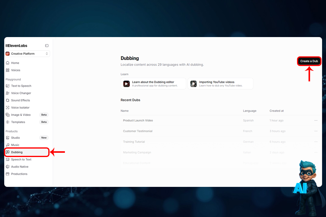 نحوه کار با ElevenLabs؛ آموزش گامبهگام و کامل 30 Dubbing (دوبله هوشمند):