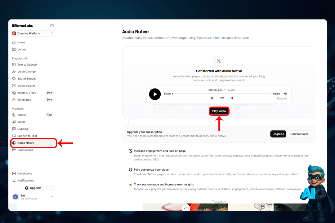 نحوه کار با ElevenLabs؛ آموزش گامبهگام و کامل 32 Audio Native (مخصوص وبسایتها):