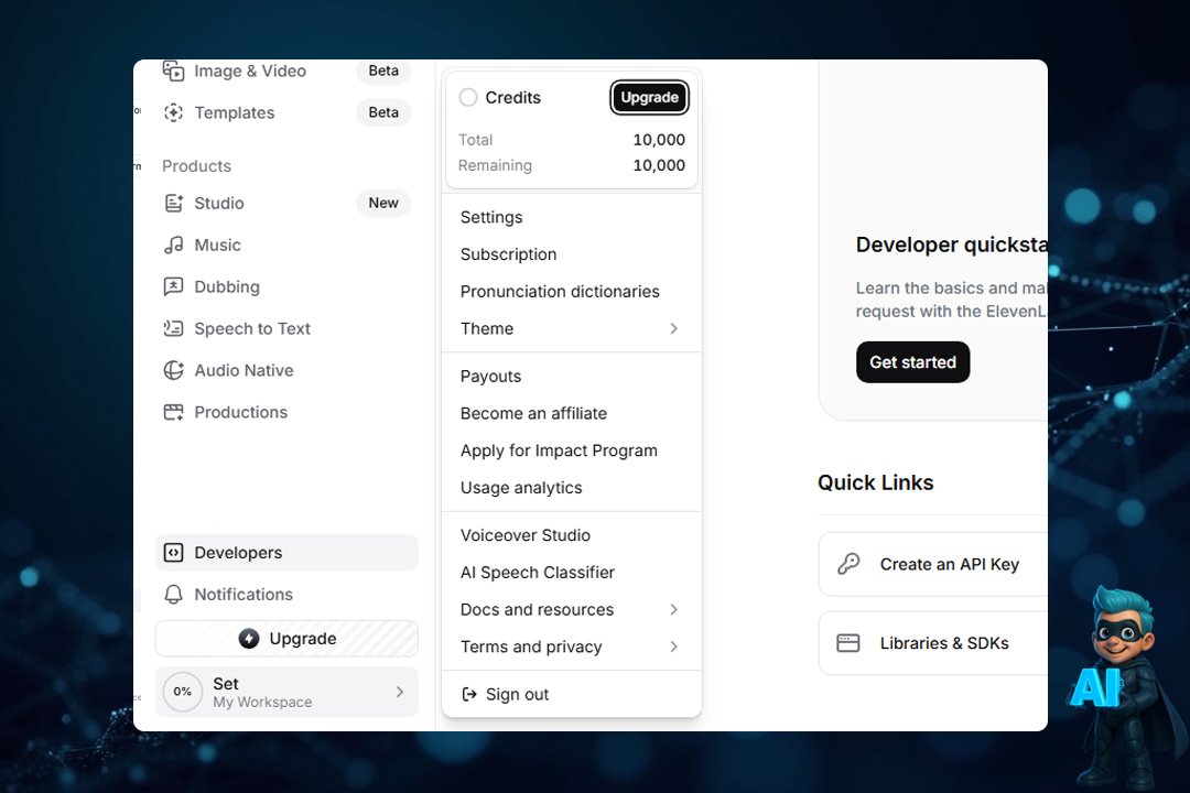 نحوه کار با ElevenLabs؛ آموزش گامبهگام و کامل 34 بخش مدیریت حساب کاربری (Profile Menu)