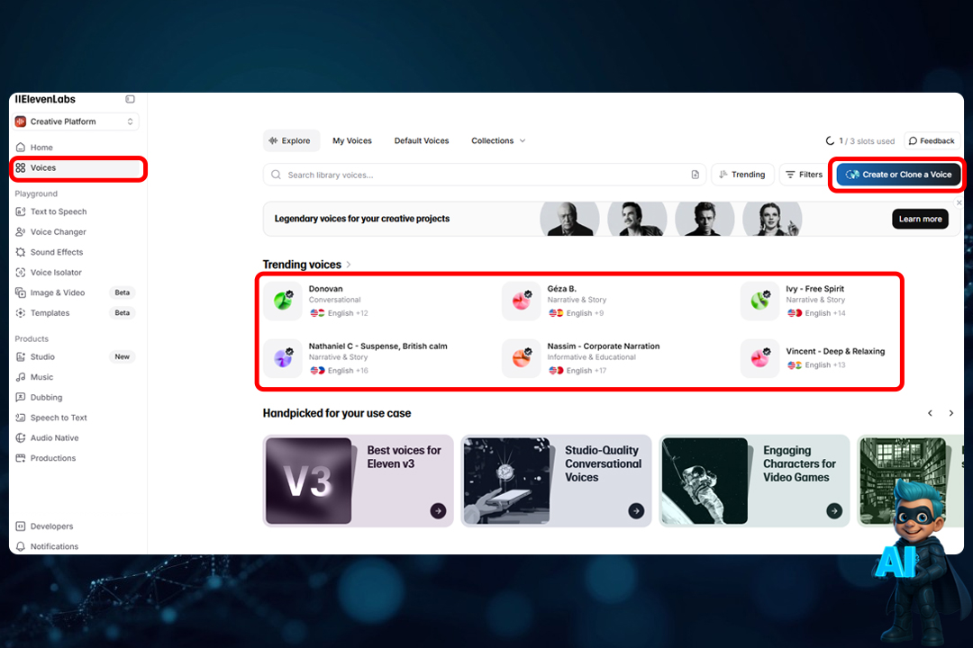 نحوه کار با ElevenLabs؛ آموزش گامبهگام و کامل 20 الف) Voices (مدیریت و ساخت صدا)