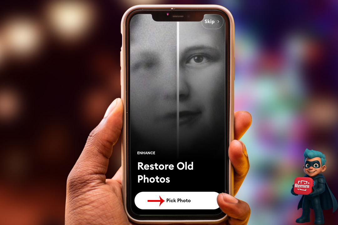 نحوه کار با Remini - بهترین راهنما برای مبتدیها! 17 گام چهارم: شروع پردازش بعد از انتخاب حالت، روی دکمه PICK PHOTO (یا دکمه سیاه رنگ Enhance) کلیک کنید.