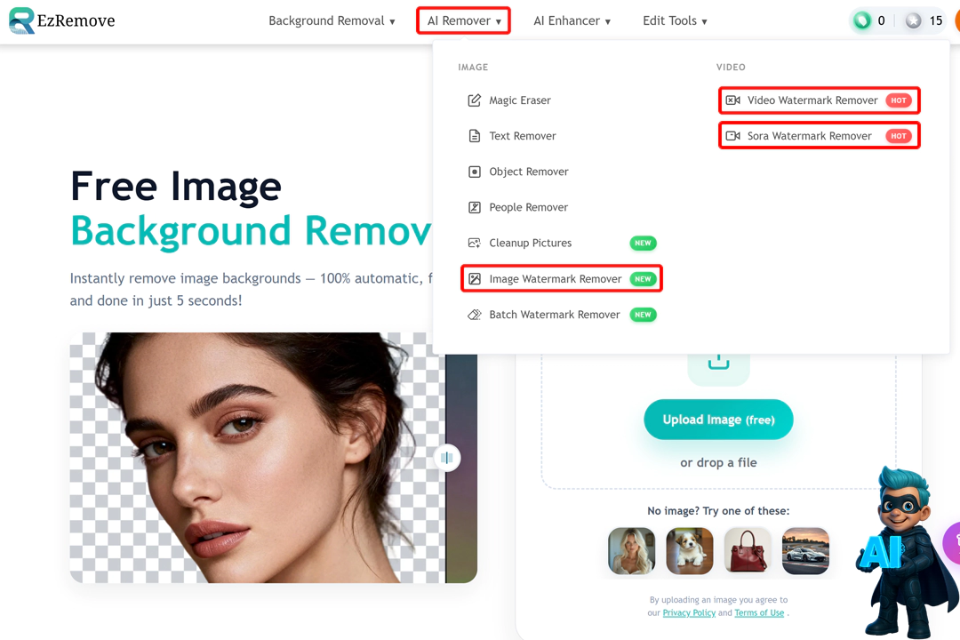 حذف واترمارک با هوش مصنوعی در کمترین زمان (3 ابزار تست شده!) 17 صفحه اصلی هوش مصنوعی EZ Remove